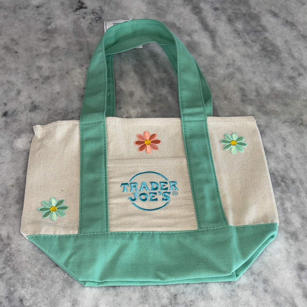 Trader Joe's Mint Green and Cream Canvas Tote with Floral Embroidery